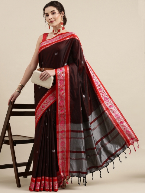 

VASTRANAND Brown Zari Silk Cotton Paithani Saree