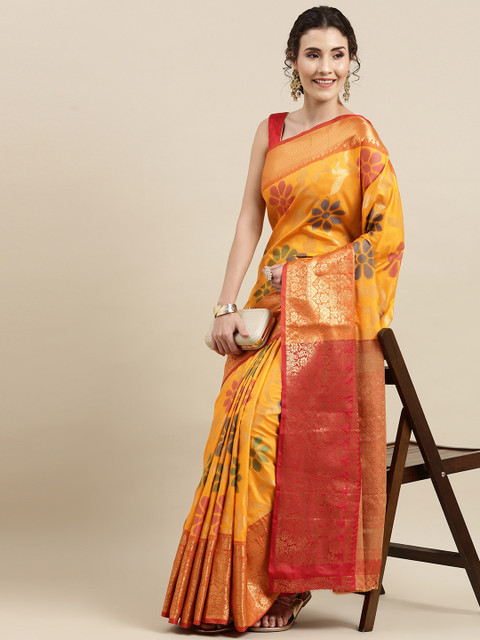

VASTRANAND Yellow & Red Floral Zari Silk Blend Kanjeevaram Saree