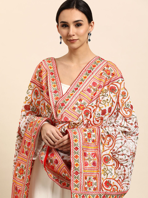 

VASTRANAND White & Red Ethnic Motifs Embroidered Dupatta