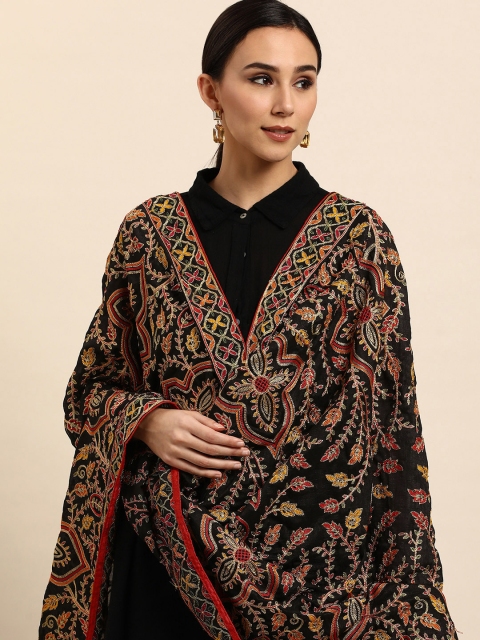 

VASTRANAND Black & Red Ethnic Motifs Embroidered Dupatta