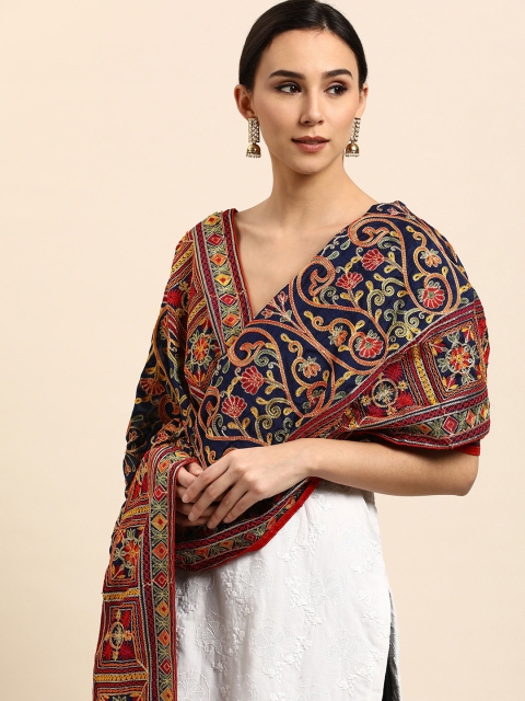 

VASTRANAND Navy Blue & Red Ethnic Motifs Embroidered Dupatta
