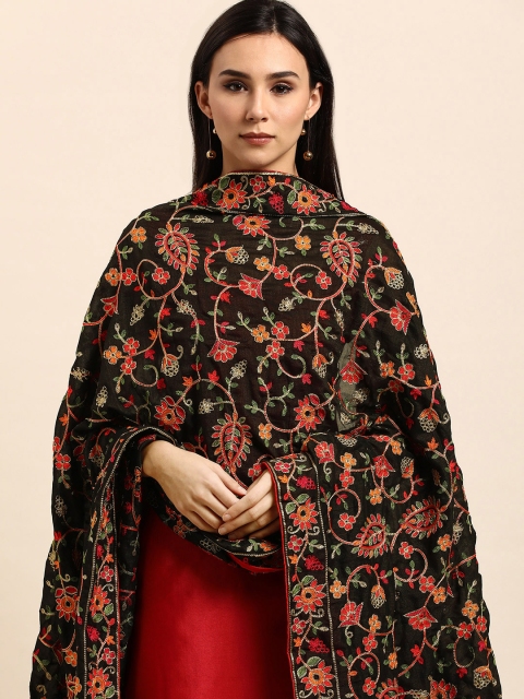 

VASTRANAND Black & Red Ethnic Motifs Embroidered Dupatta