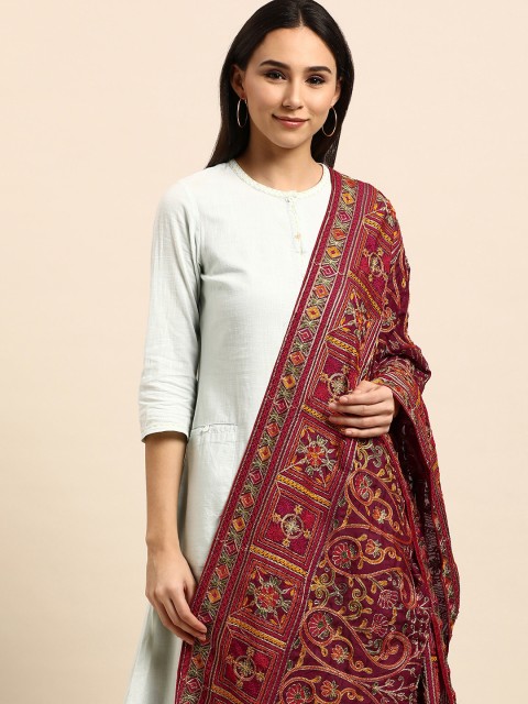 

VASTRANAND Burgundy & Yellow Ethnic Motifs Embroidered Dupatta