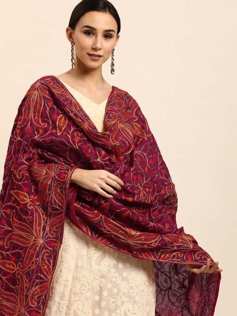 

VASTRANAND Burgundy & Yellow Ethnic Motifs Embroidered Dupatta