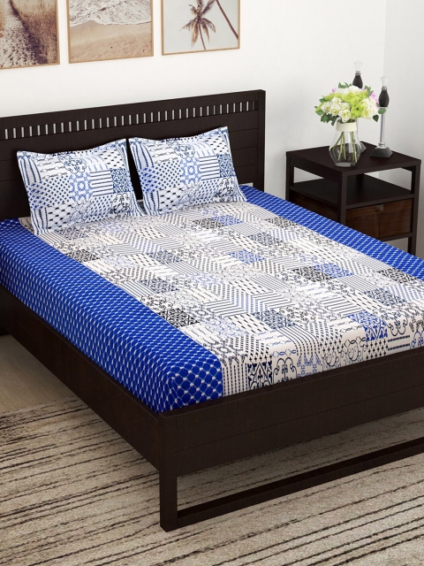 

Story@home White & Blue Geometric 152 TC Queen Bedsheet with 2 Pillow Covers