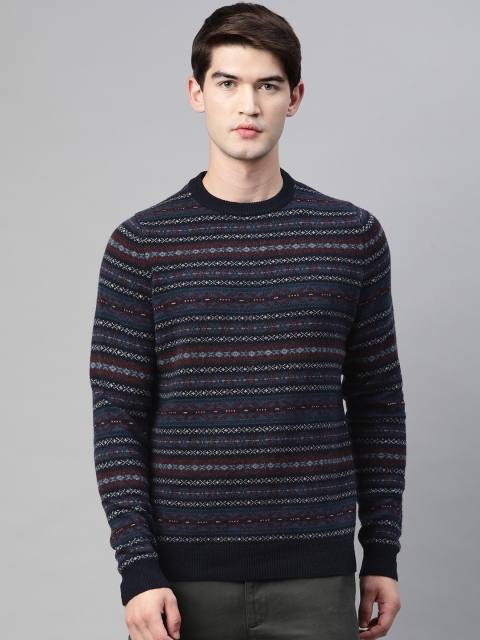 

Marks & Spencer Men Navy Blue & Maroon Pure Wool Fair Isle Pullover