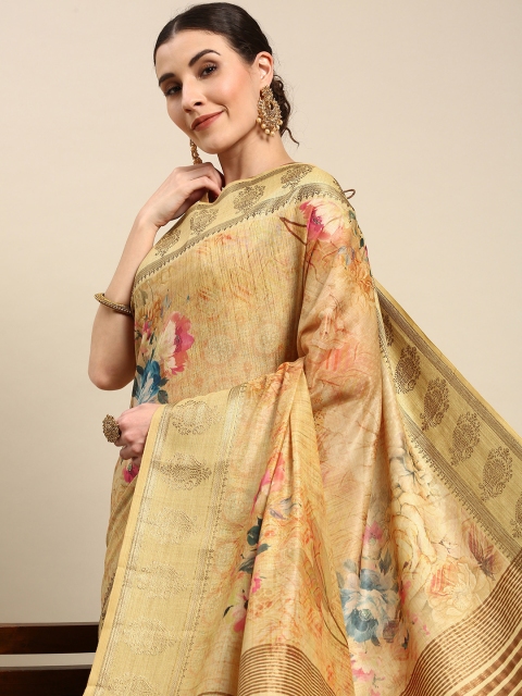 

all about you Women Beige Floral Print Saree