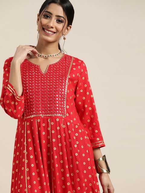 

Sangria Red & Gold-Toned Geometric Print Mirror Work A-Line Maxi Dress
