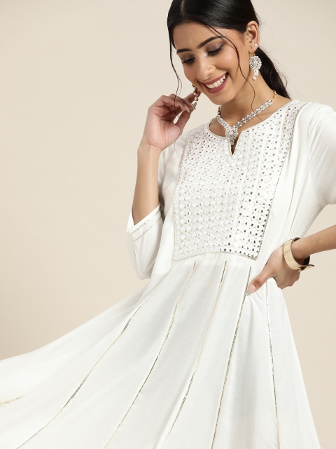 

Sangria White & Silver-Toned Self Design Mirror Embellished A-Line Maxi Dress