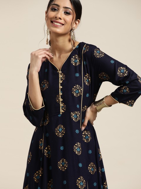 

Sangria Navy Blue & Gold-Toned Floral Print A-Line Midi Dress