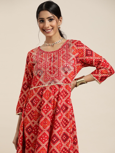 

Sangria Red & Gold-Toned Pure Cotton Bandhani Print Mirror Embroidered A-Line Midi Dress