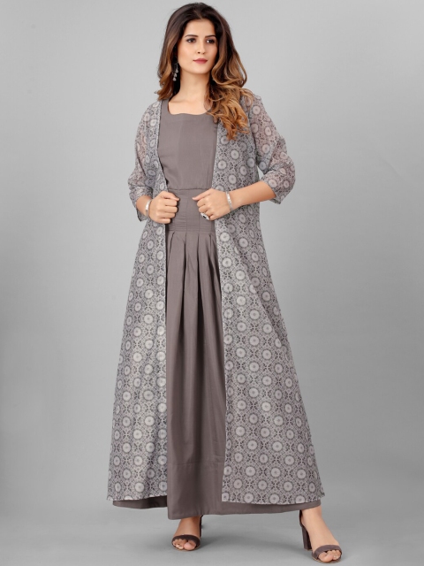 

SHOPGARB Women Grey Ethnic Motifs Printed Floral Anarkali Kurta with Ethnic Jacket