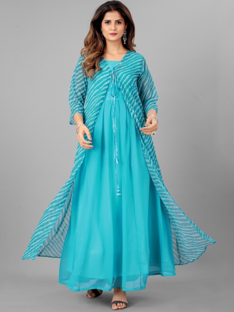 

SHOPGARB Women Turquoise Blue Leheriya Printed Georgette Anarkali Kurta