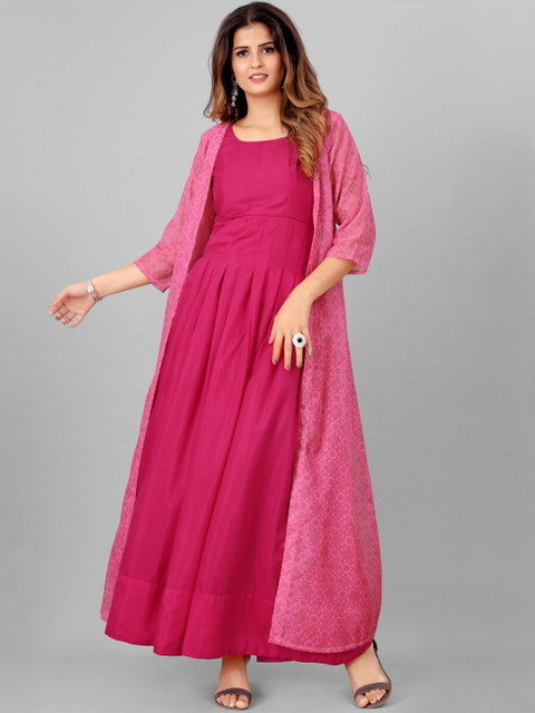 

SHOPGARB Women Pink Geometric Checked Floral Kurta with Jacket