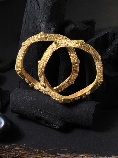 

Adwitiya Collection Set Of 2 Gold-Plated White Stone-Studded Pearl Beaded Bangles