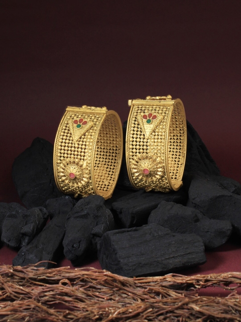 

\Adwitiya Collection Set of 2 Gold-Plated Antique Openable Flower Bangles