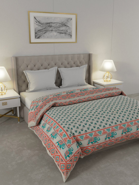

JAIPUR FABRIC Grey & Green Ethnic Motifs Heavy Winter 600 GSM Cotton Double Bed Quilt