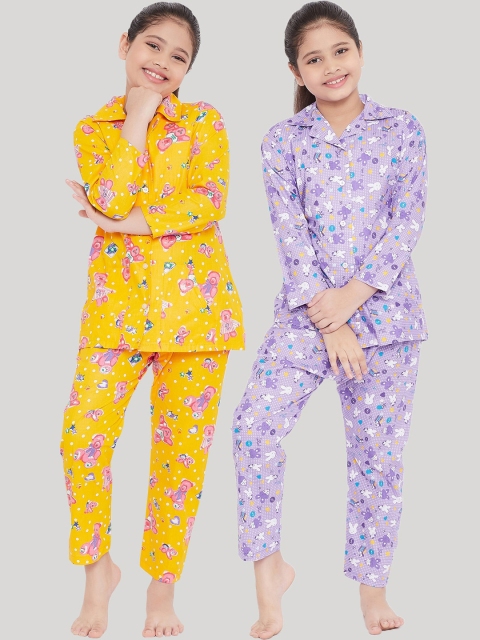 

KYDZI Girls Pack Of 2 Yellow & Purple Printed Night suit