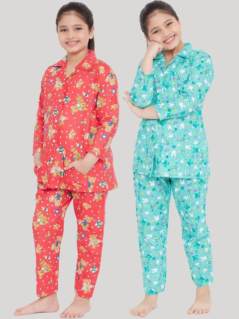 

KYDZI Girls Pack Of 2 Peach-Coloured & Turquoise Blue Printed Night suit