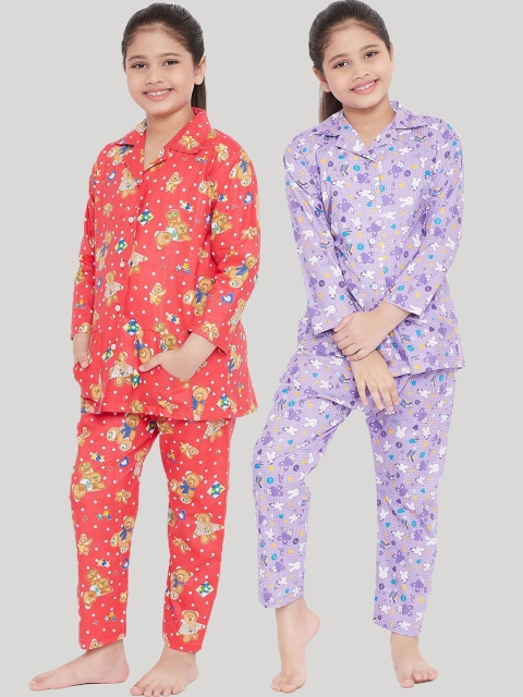 

KYDZI Girls Pack of 2 Orange & Purple Printed Night Suits