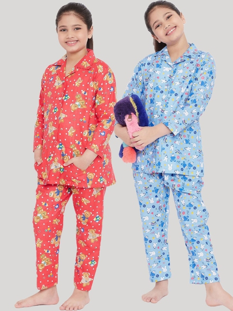 

KYDZI Girls Pack of 2 Peach-Coloured & Blue Printed Night Suits