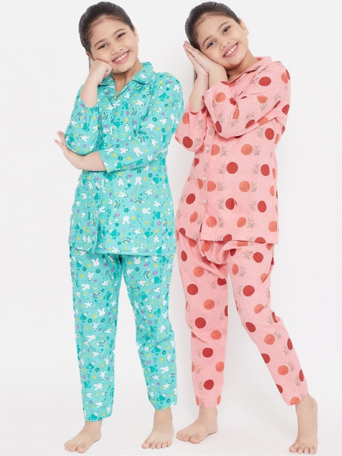 

KYDZI Girls Pack Of 2 Turquoise Blue & Pink Printed Night suit