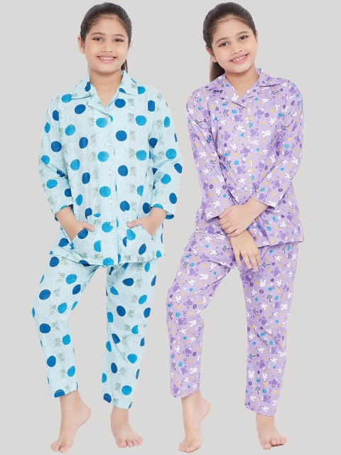 

KYDZI Girls Pack Of 2 Blue & Purple Printed Night suit