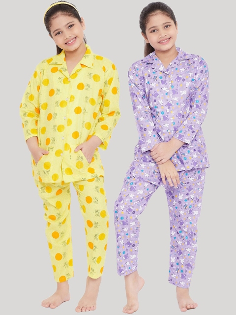 

KYDZI Girls Pack Of 2 Yellow & Purple Printed Night suit