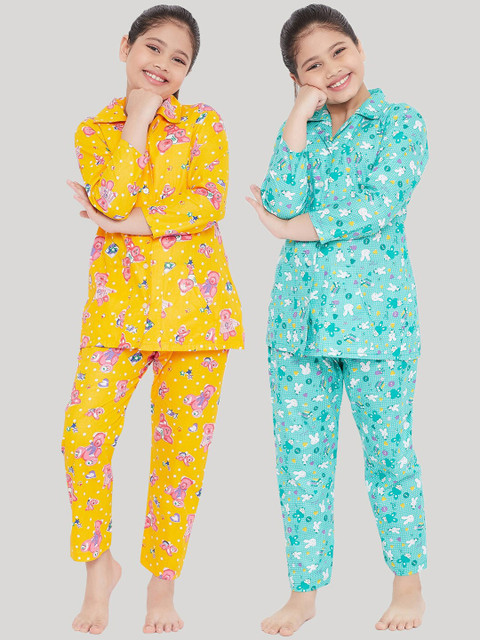 

KYDZI Girls Pack of 2 Yellow & Sea Green Printed Night Suits