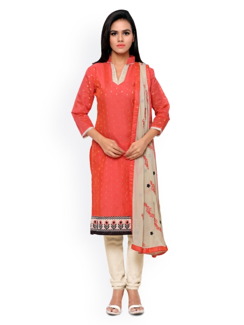 

Saree Mall Peach-Coloured & Beige Chanderi Cotton Unstitched Dress Material