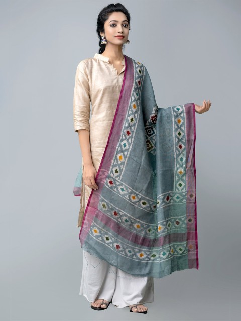 

Unnati Silks Grey & White Ethnic Motifs Printed Linen Batik Dupatta with Zari