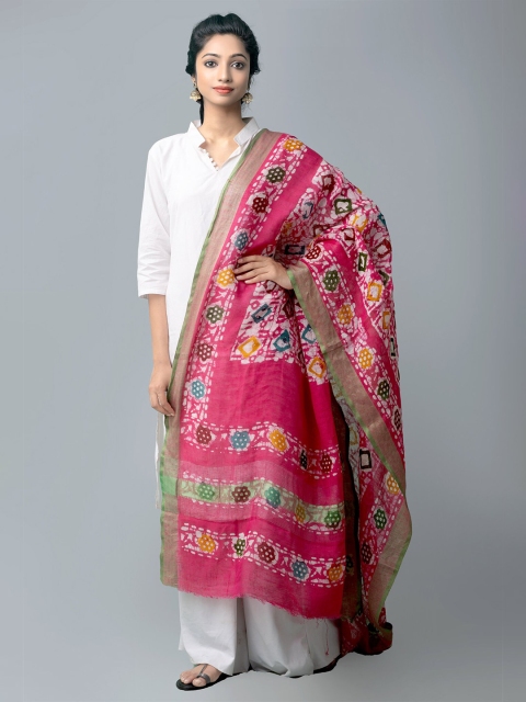

Unnati Silks Pink & Green Ethnic Motifs Printed Linen Tie and Dye Dupatta with Zari