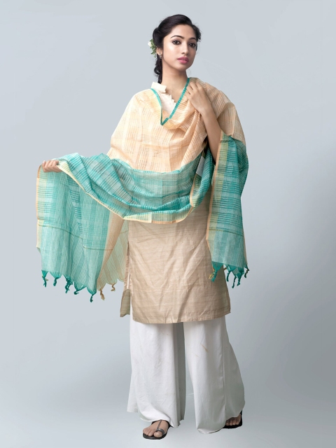 

Unnati Silks Cream-Coloured & Blue Woven Design Pure Cotton Dupatta with Zari