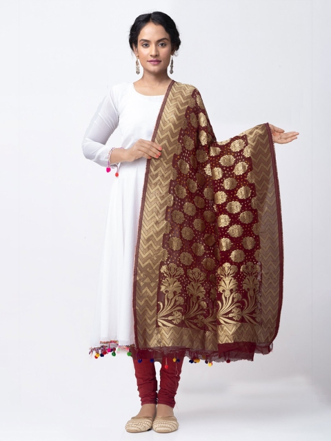 

Unnati Silks Red & Gold-Toned Woven Design Bandhani Banarasi Dupatta