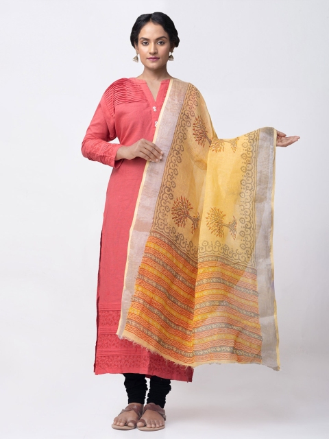 

Unnati Silks Orange & Yellow Ethnic Motifs Printed Linen Block Print Dupatta