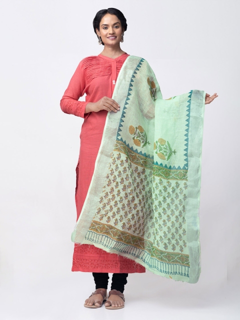 

Unnati Silks Women Green Jaipuri Hand Block Printed Pure Handloom Linen Dupatta