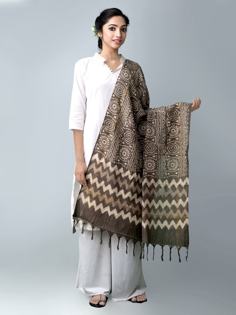 

Unnati Silks Grey & Off White Ethnic Motifs Dabu Printed Pure Cotton Dupatta