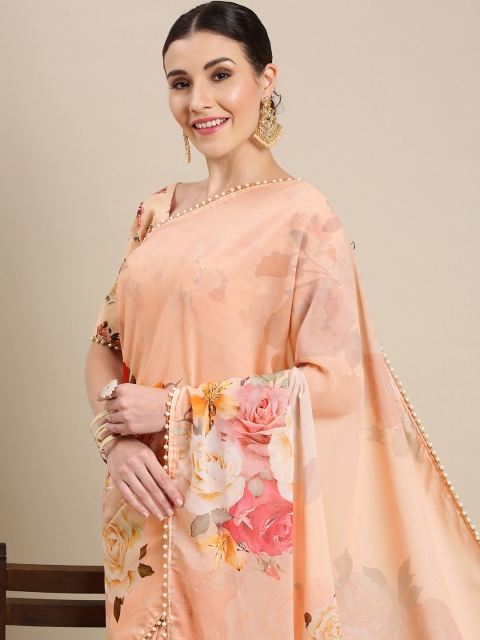

LOOKNBOOK ART Peach & Green Floral Beads and Stones Saree