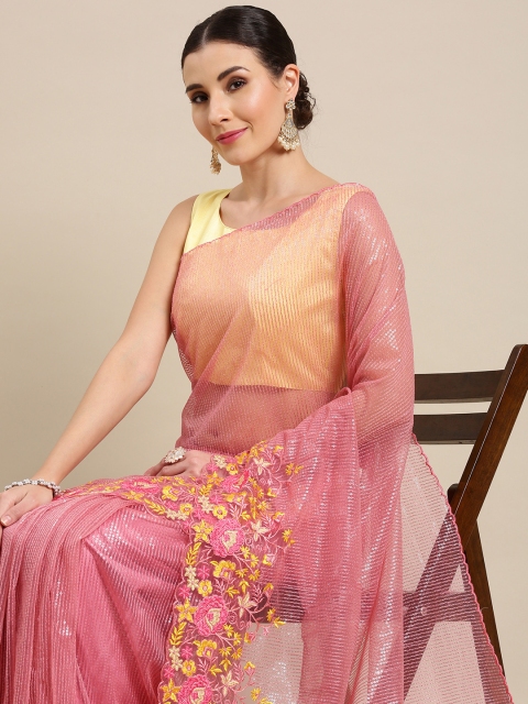 

LOOKNBOOK ART Pink Embellished Embroidered Net Saree