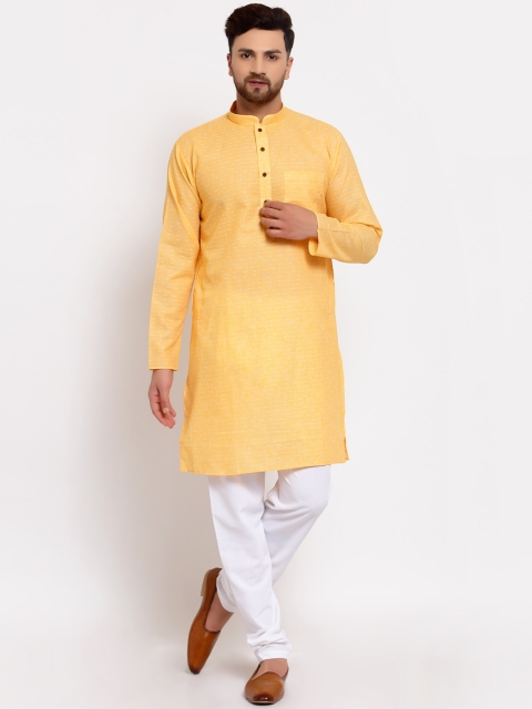 

MOHANLAL SONS Men Yellow & White Geometric Thread Work Cotton Straight Kurta