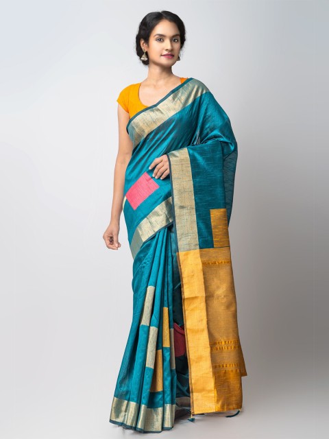 

Unnati Silks Women Sea Green & Mustard Woven Design Kanjivaram Silk Cotton Saree