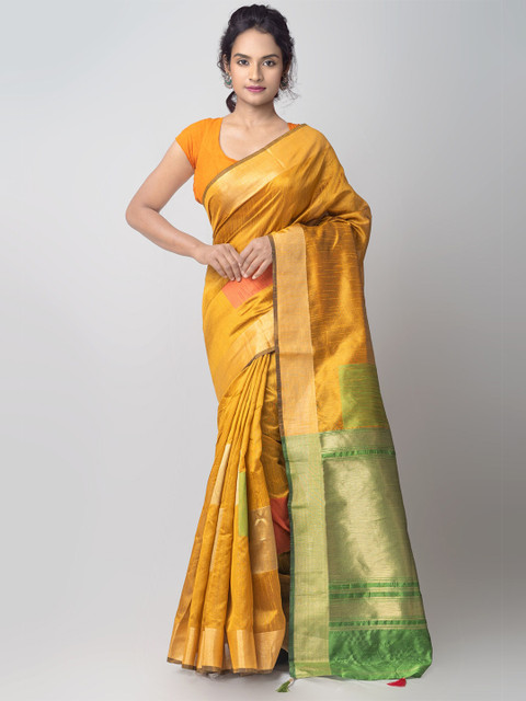 

Unnati Silks Mustard Yellow & Green Woven Design Zari Silk Cotton Kanjeevaram Saree