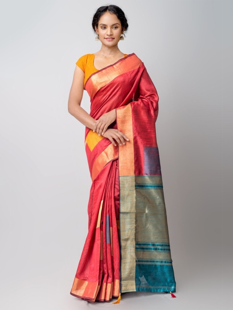 

Unnati Silks Maroon & Teal Woven Design Zari Silk Cotton Kanjeevaram Saree