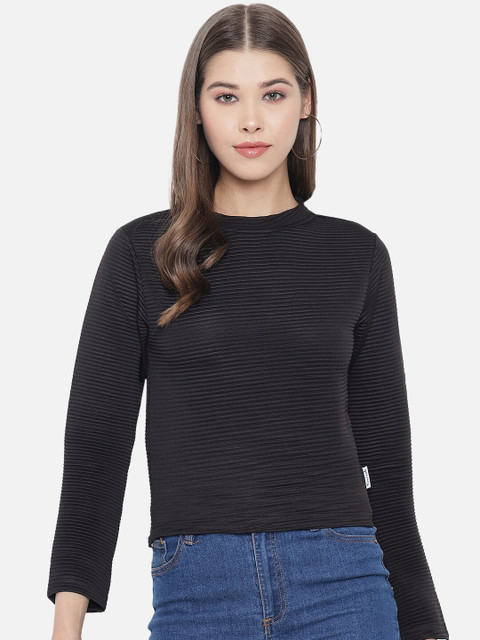 

Yuvraah Women Black Striped V-Neck Extended Sleeves Raw Edge T-shirt