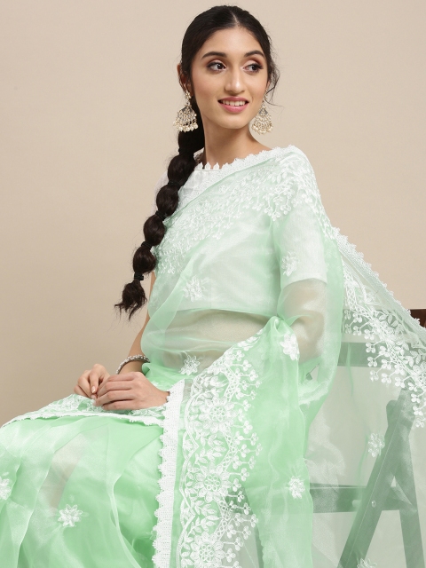 

Mitera Turquoise Blue Floral Embroidered Organza Saree