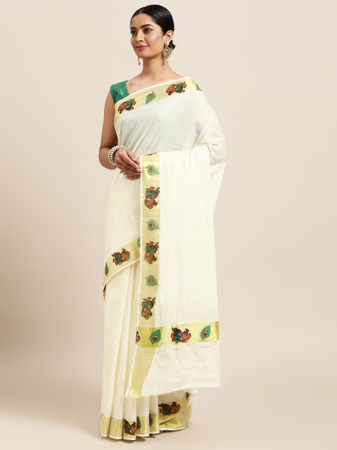

Thara Sarees Off White & Golden Handloom Solid Zari Pure Cotton Kasavu Saree