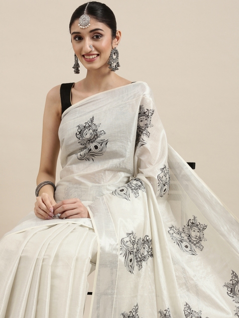 

Thara Sarees Women Off White & Black Ethnic Motifs Pure Cotton Kasavu Saree