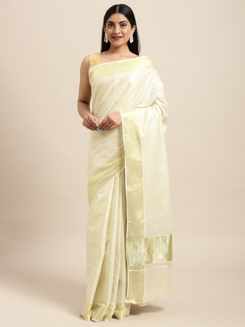 

Thara Sarees Off White & Golden Handloom Solid Zari Pure Cotton Kasavu Saree, Cream