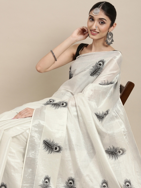 

Thara Sarees Silver & Black Ethnic Motifs Pure Cotton Kasavu Saree