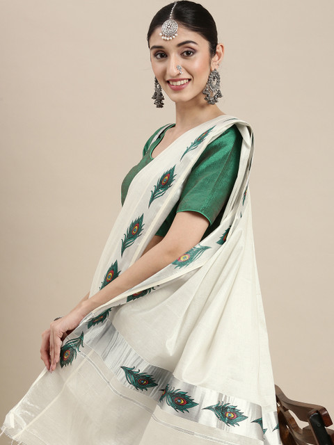 

Thara Sarees Women Off White & Green Ethnic Motifs Pure Cotton Kasavu Saree